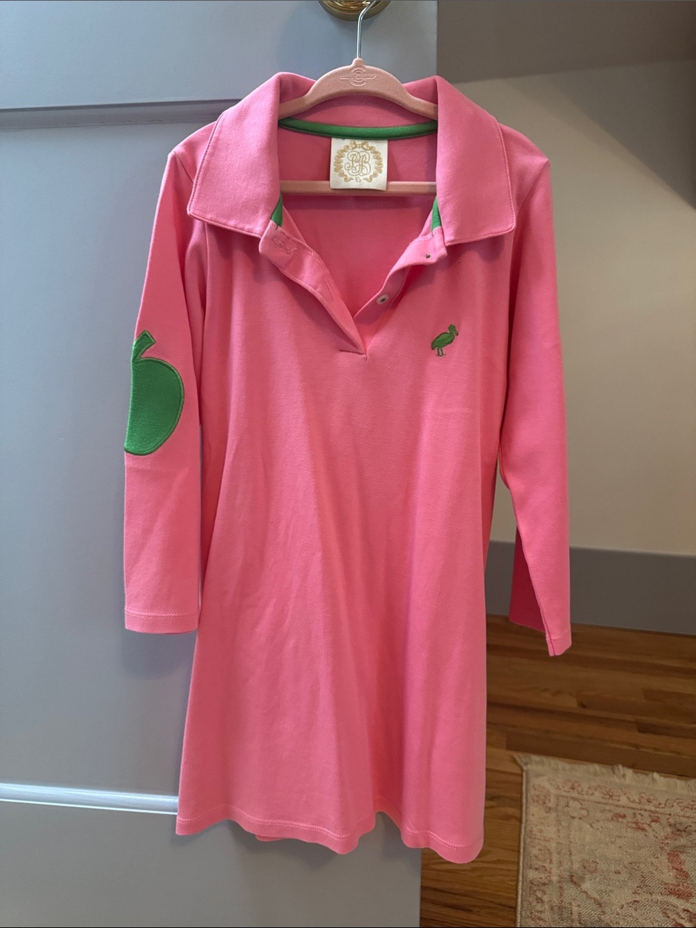 The Beaufort Bonnet Company Pink Polo Dress with Green Apple elbows